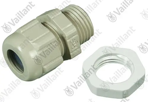 Vaillant Verschraubung in beiger Farbe, bestehend aus einem gewindetragenden Element und einer passenden Unterlegscheibe. Schnittstelle für Anschluss.